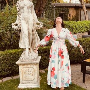 Long Sleeve Boho Floral Maxi Dress Smocked Beach Flowy Dress - Small